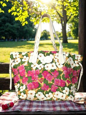 Dooney & Bourke Floral Shopper Tote Pink White Canvas Leather Trim Large Bag NWT